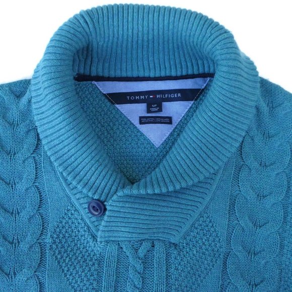Tommy Hilfiger Sweater 3D Cable Knit Pima Cotton Merino Wool Shawl Blue